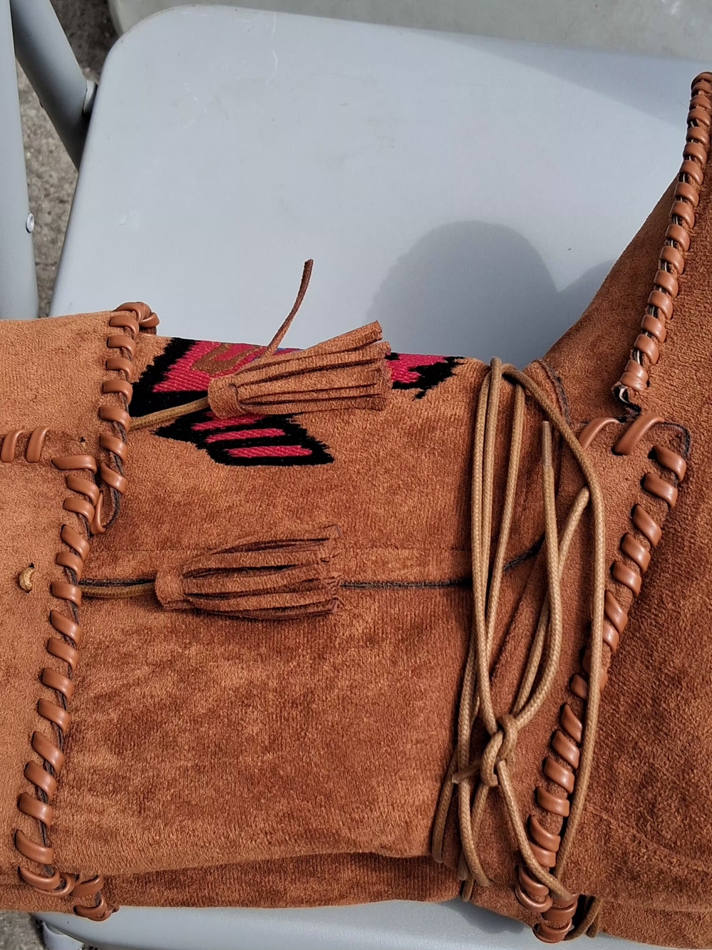 Brown Suede Fringe Moccasins with Pink & Blue Knit Accent - Picture 6 of 9